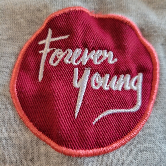 😊 HOST PK Vtg Cotton:On Varsity Jacket Sz S Forever Young Smile Okay Black Gray - Picture 6 of 7